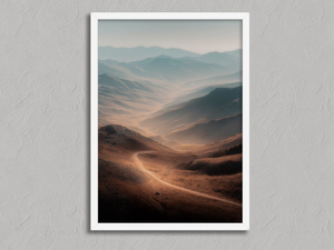 Winding Light - Desert Mountain Valley – Mountain Landscape Wall Art Print in a white frame, no mount