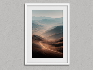 Winding Light - Desert Mountain Valley – Mountain Landscape Wall Art Print in a white frame with a mount