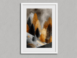 Winter Glade – Golden Winter Trees Wall Art Print in a white frame with a mount