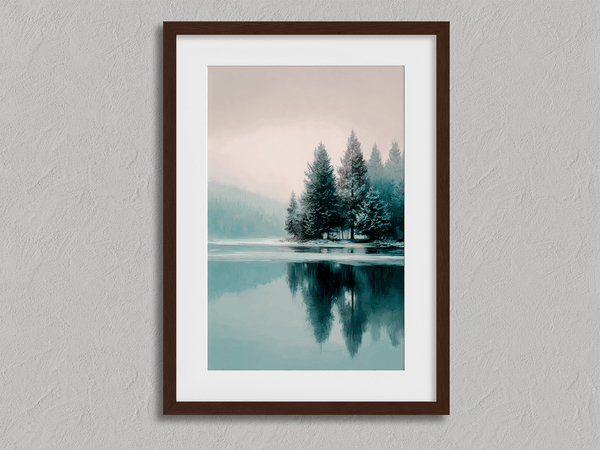 Framed fine art print of a snowy forest reflected in a frozen lake. A serene winter landscape, printed on archival paper and ready to hang.