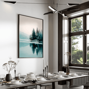 Winter lake wall art styled in a calm neutral interior