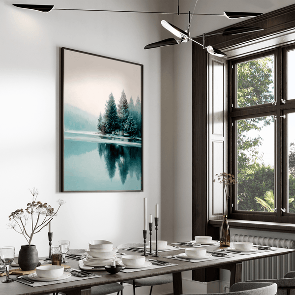 Framed fine art print of a snowy forest reflected in a frozen lake. A serene winter landscape, printed on archival paper and ready to hang.