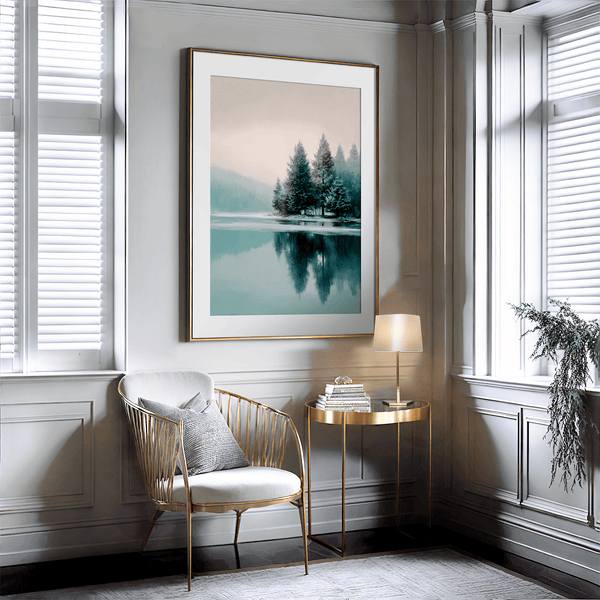 Framed fine art print of a snowy forest reflected in a frozen lake. A serene winter landscape, printed on archival paper and ready to hang.