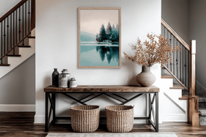 Winter lake wall art styled in a calm neutral interior