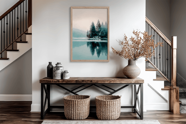 Framed fine art print of a snowy forest reflected in a frozen lake. A serene winter landscape, printed on archival paper and ready to hang.