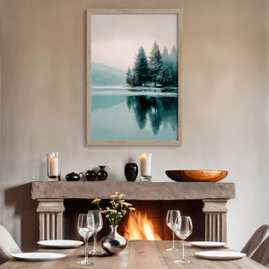 Framed fine art print of a snowy forest reflected in a frozen lake. A serene winter landscape, printed on archival paper and ready to hang.