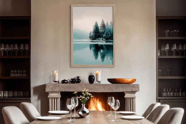 Framed fine art print of a snowy forest reflected in a frozen lake. A serene winter landscape, printed on archival paper and ready to hang.