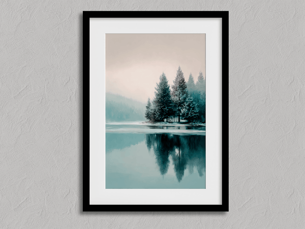 Framed fine art print of a snowy forest reflected in a frozen lake. A serene winter landscape, printed on archival paper and ready to hang.