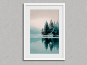 Winter Shoreline – Winter Lake Wall Art Print in a white frame with a mount
