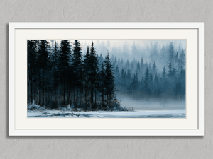 Winter Stillwater – Winter Forest Wall Art Print in a white frame with a mount