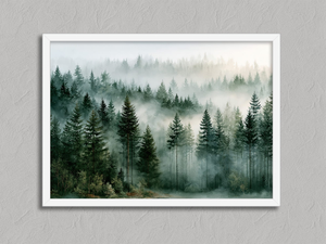 Woodland Veil – Misty Forest Wall Art Print in a white frame, no mount