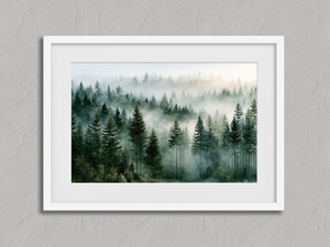 Woodland Veil – Misty Forest Wall Art Print in a white frame with a mount