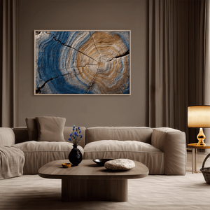 Framed fine art print of tree rings in horizontal view. A textured wall artwork that captures the memory and rhythm of the earth.