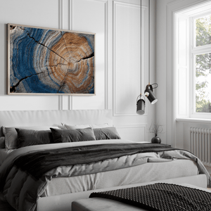 Horizontal tree ring wall art styled in a calm neutral interior