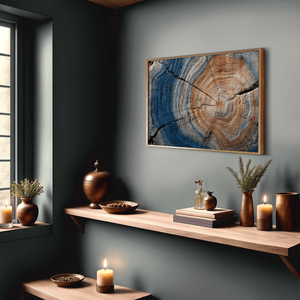 Horizontal tree ring wall art styled in a calm neutral interior