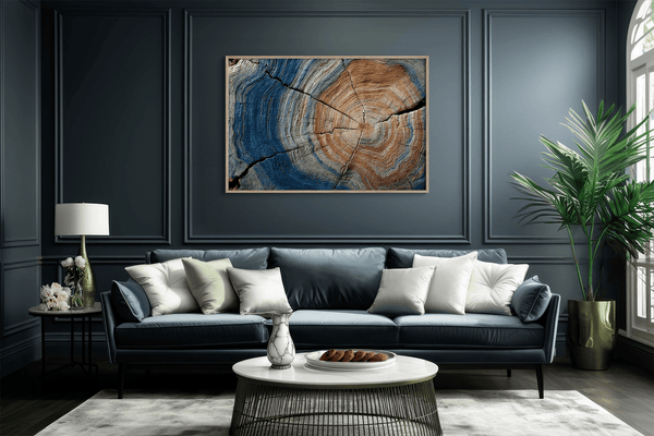 Framed fine art print of tree rings in horizontal view. A textured wall artwork that captures the memory and rhythm of the earth.