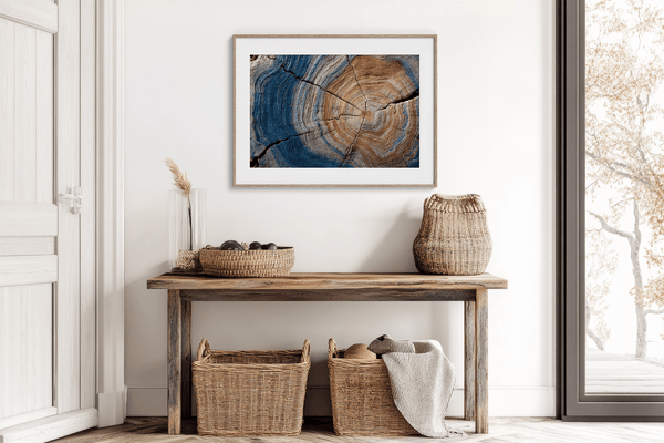 Framed fine art print of tree rings in horizontal view. A textured wall artwork that captures the memory and rhythm of the earth.
