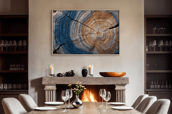 Framed fine art print of tree rings in horizontal view. A textured wall artwork that captures the memory and rhythm of the earth.