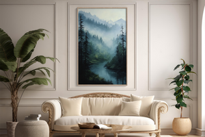 Living room with a beige sofa, decorative plants, and a framed landscape painting on the wall. www.atelierlumin.art
