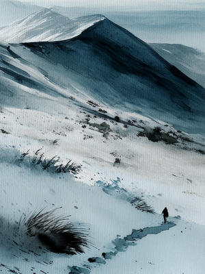Person walking on a snowy mountain path with snow-covered peaks in the background. www.AtelierLumin.art. 