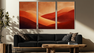 Three-panel abstract painting above a dark gray sofa in a living room. www.AtelierLumin.art. 