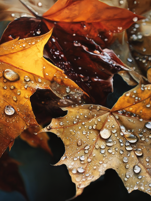 Close-up of wet autumn leaves with water droplets on a blurred background. www.AtelierLumin.art. 