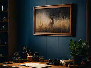 Framed artwork of a rabbit in tall grass on a blue wall above a wooden desk in an office with stationery items. www.atelierlumin.art