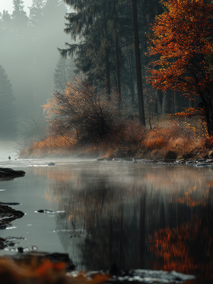 Misty forest with autumn foliage reflected in a calm lake. www.AtelierLumin.art. 