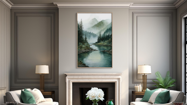 Living room with a painting of a mountain landscape above a fireplace. www.AtelierLumin.art. 