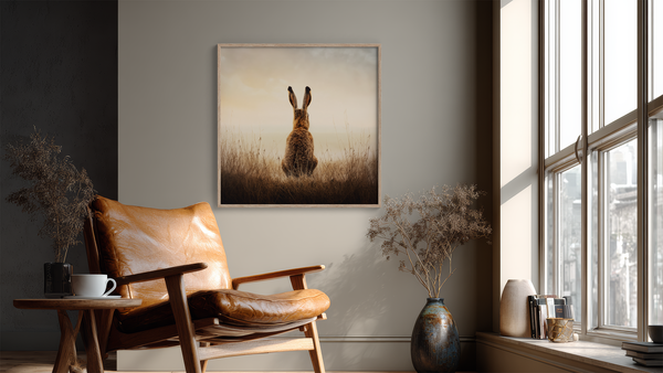 Cozy living room with a brown leather chair, framed rabbit art, and large window. www.AtelierLumin.art. 