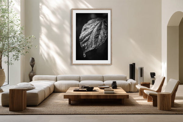 Framed black-and-white rain-covered leaf artwork above a low cream sectional and wooden coffee table.