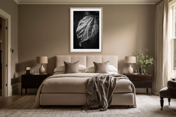 Framed black-and-white leaf photograph hung above a bed between two bedside tables.