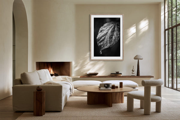 Framed rain-covered leaf print above a fireplace, beside a cream sofa and tall windows.