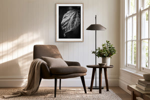 Framed black-and-white wet leaf artwork above an upholstered armchair and side table.