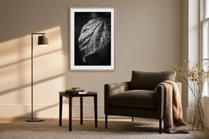 Framed black-and-white rain-covered leaf print above an armchair, side table, and floor lamp.