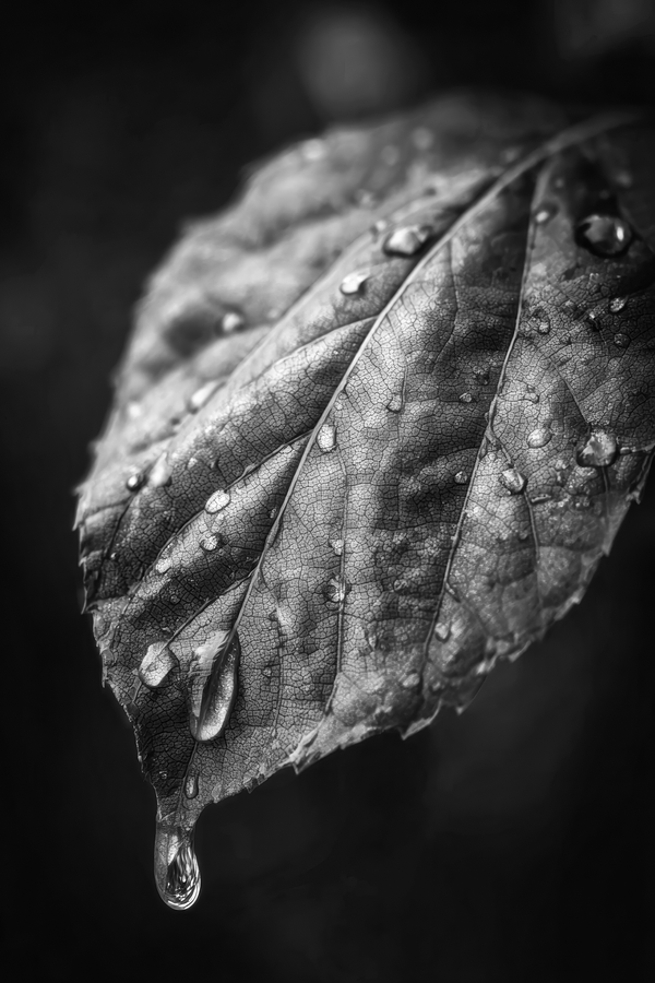 Black and white close-up photograph of a rain-covered leaf with visible veins and water droplets