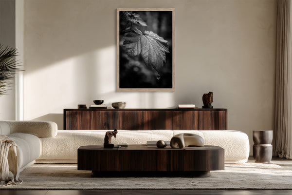 Framed black-and-white rain-covered leaf photograph above a dark wood sideboard and curved sofa.