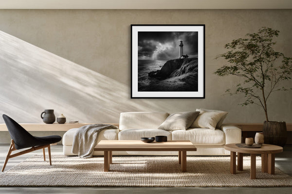 Black-framed lighthouse print above a cream sofa, wooden coffee table, and large potted tree.