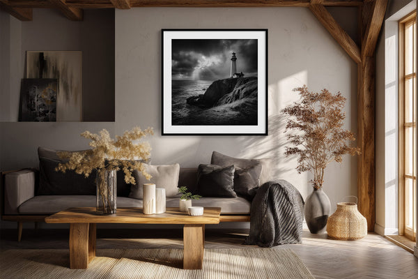 Black-framed lighthouse wall art above a dark sofa and wooden coffee table beneath exposed beams.