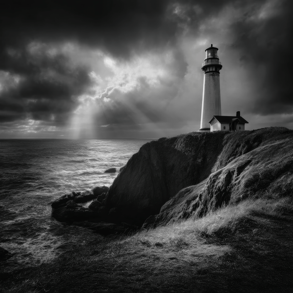 Black and white lighthouse on a cliff above the sea beneath dramatic storm clouds