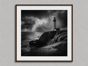 Storm Signal shown in a walnut frame with a white border or mount.