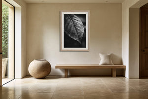 Framed black-and-white leaf vein photograph above a wooden bench beside a large ceramic vessel.