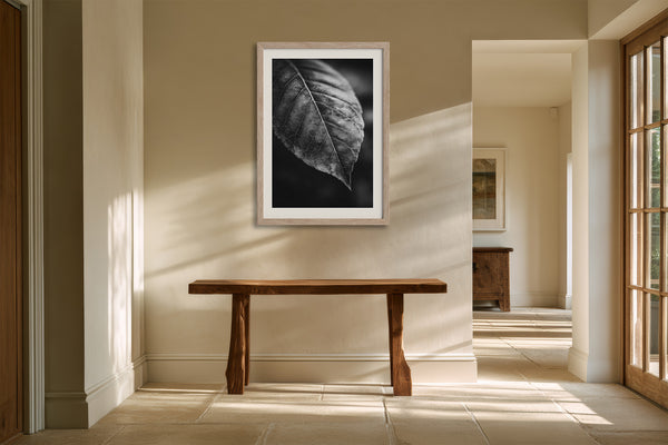 Framed black-and-white leaf vein photograph above a rustic wooden console table in a hallway.