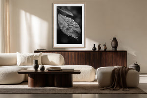 Light-framed dew-covered leaf wall art above a curved sofa and dark wooden sideboard.