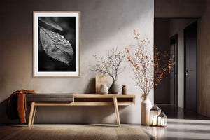 Light-framed dew-covered leaf wall art above a wooden console with vases and dried branches.
