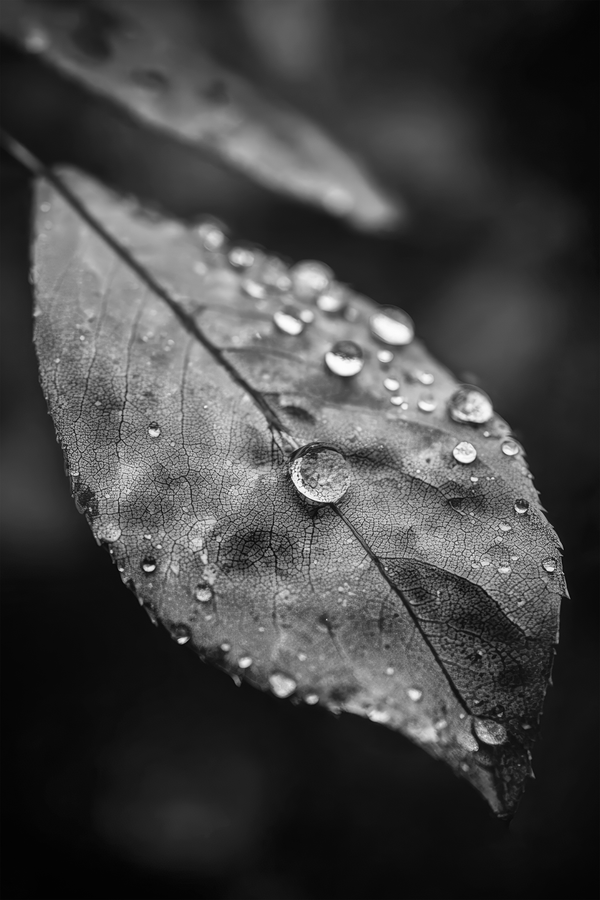 Black-and-white macro photograph of a rain-covered leaf with visible veins and water droplets