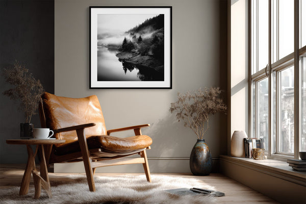 Black-framed river print above a leather lounge chair beside a sunlit window.