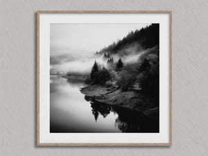 Mistwater Valley shown in an oak frame with a white border or mount.