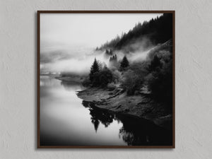 Mistwater Valley shown in a walnut frame without a border or mount.