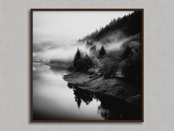 Mistwater Valley shown in a walnut frame without a border or mount.